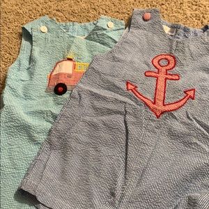 Anchor and fire truck rompers